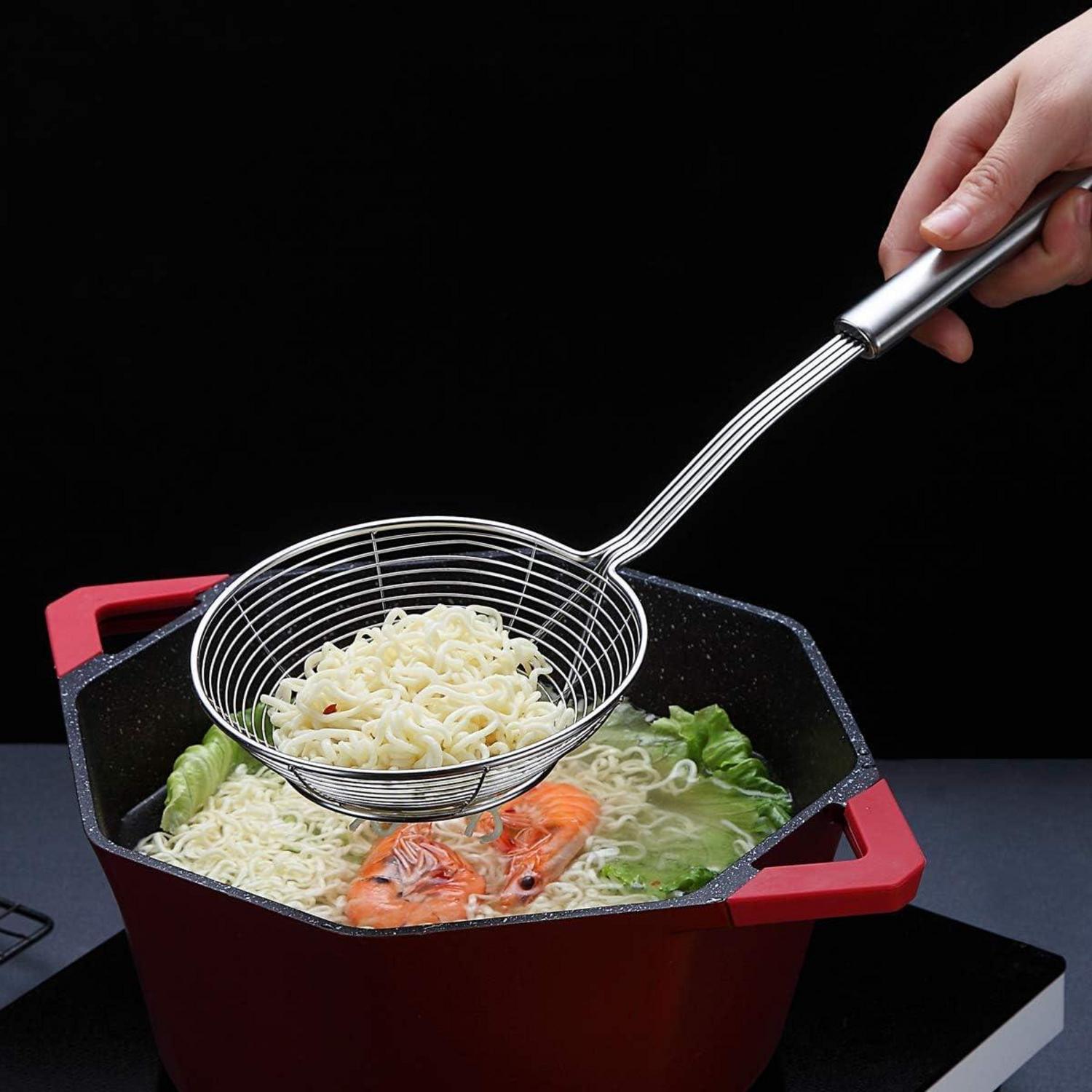 Edelstahl Sieb Spider Skimmer für Küche Spaghetti Pasta Tomaten, langer Griff