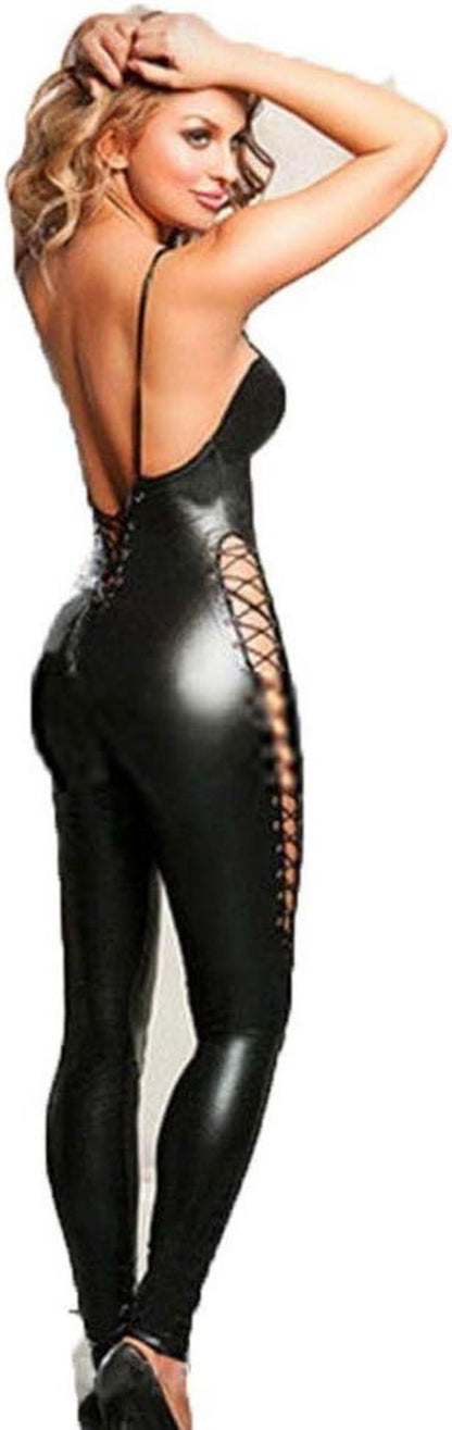 Sexy Lackleder Catsuit Overall Clubwear rückenfrei 3XL