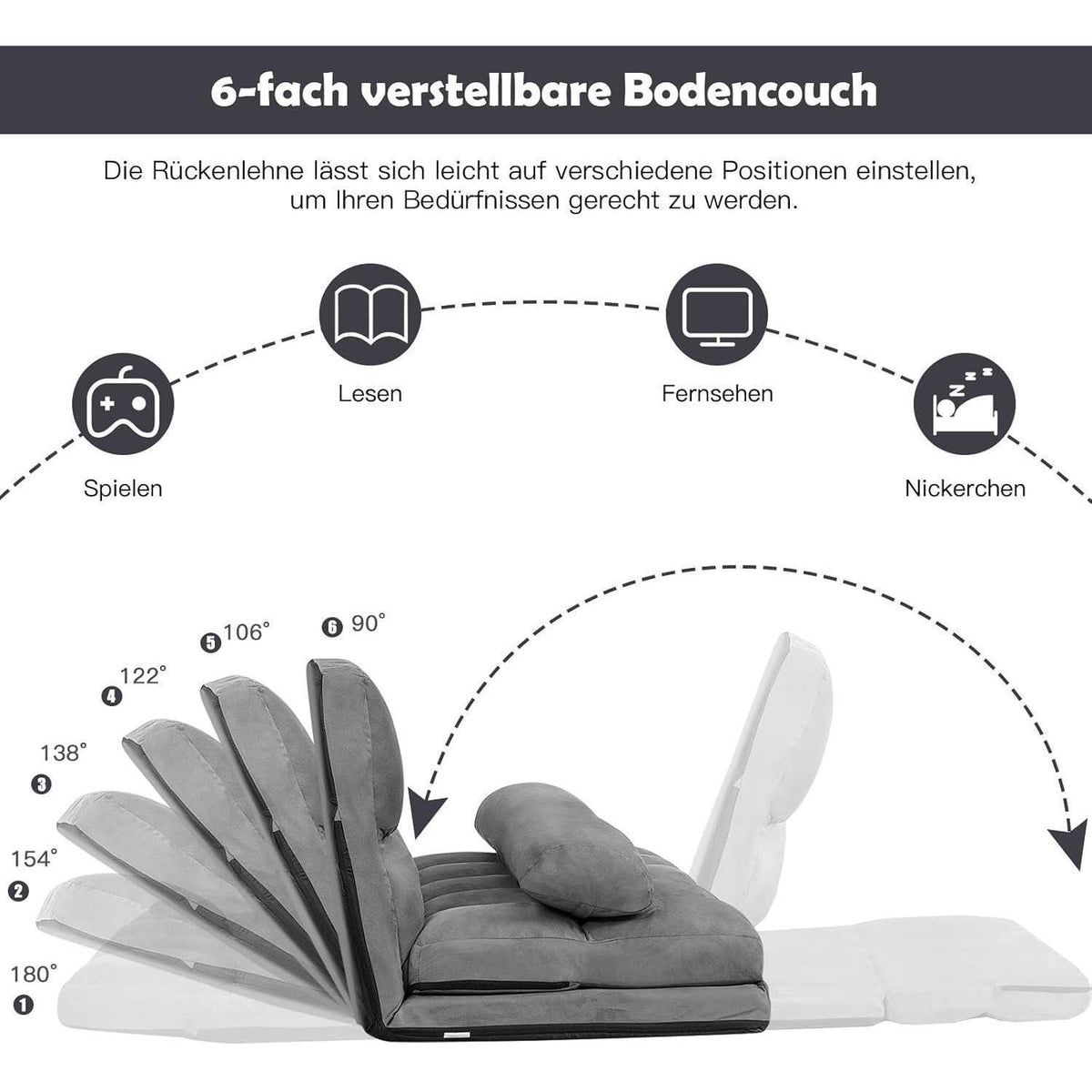 2-Sitzer Bodensofa mit Schlaffunktion & 6-stufiger Verstellung (Grau)