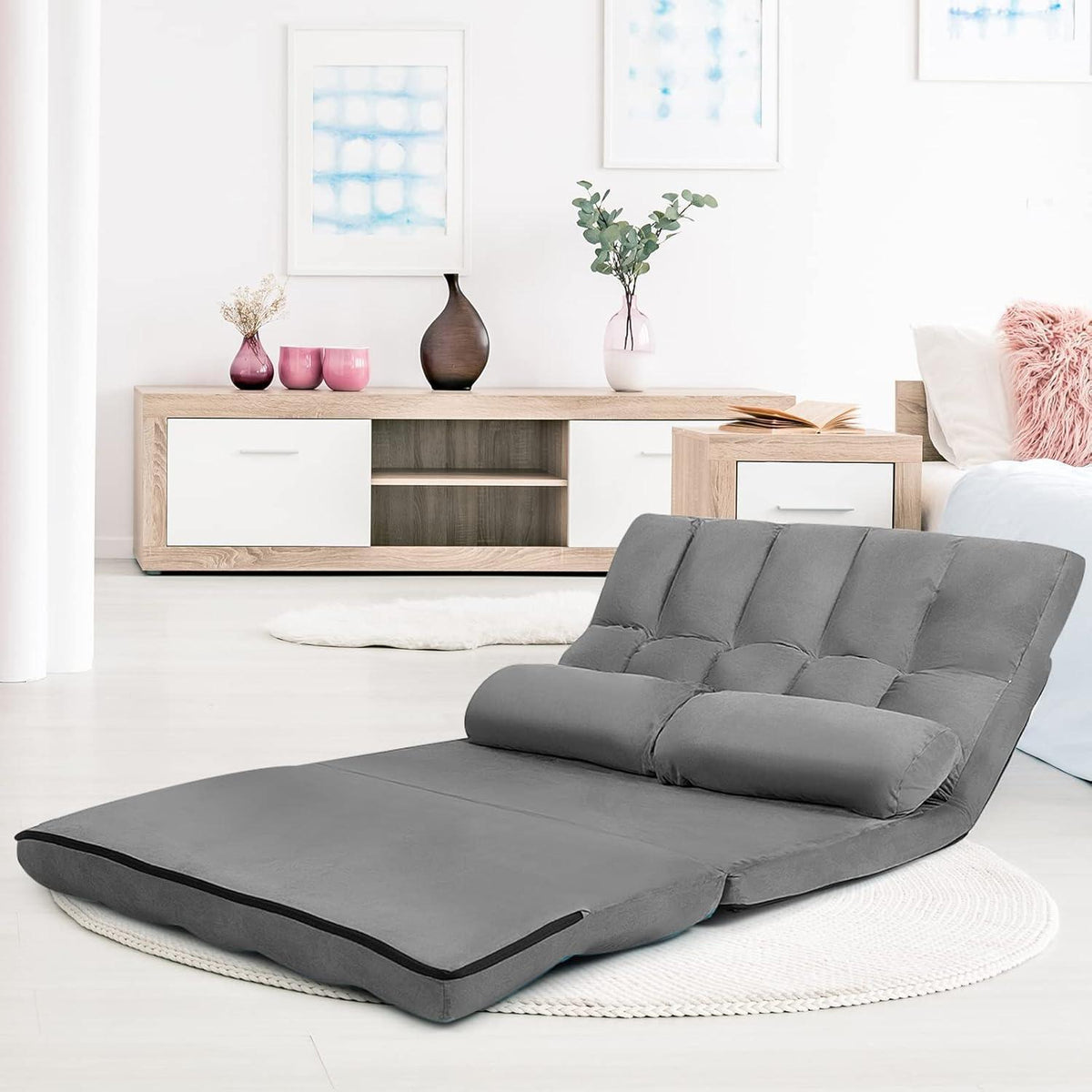 2-Sitzer Bodensofa mit Schlaffunktion & 6-stufiger Verstellung (Grau)