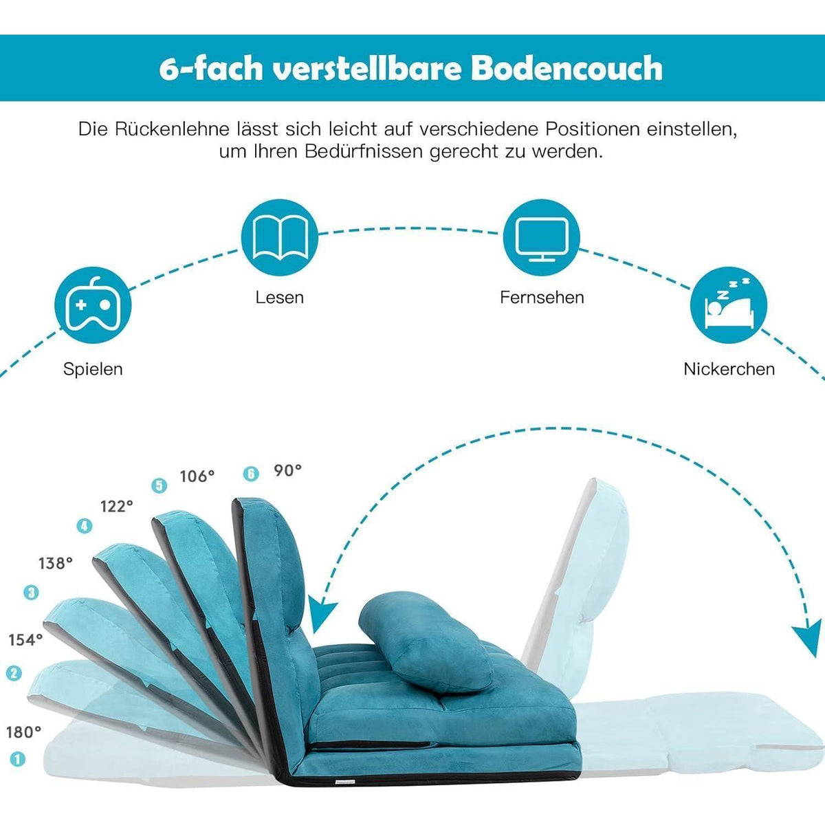 2-Sitzer Bodensofa mit Schlaffunktion & 6-stufiger Verstellung