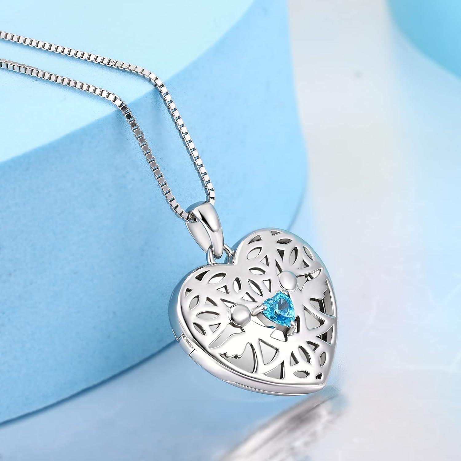 Herz Foto Medaillon Anhänger Schutzengel Kette Aquamarin