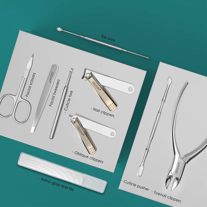 Professionelles 9-in-1 Maniküre-Set aus Edelstahl mit PU-Lederetui