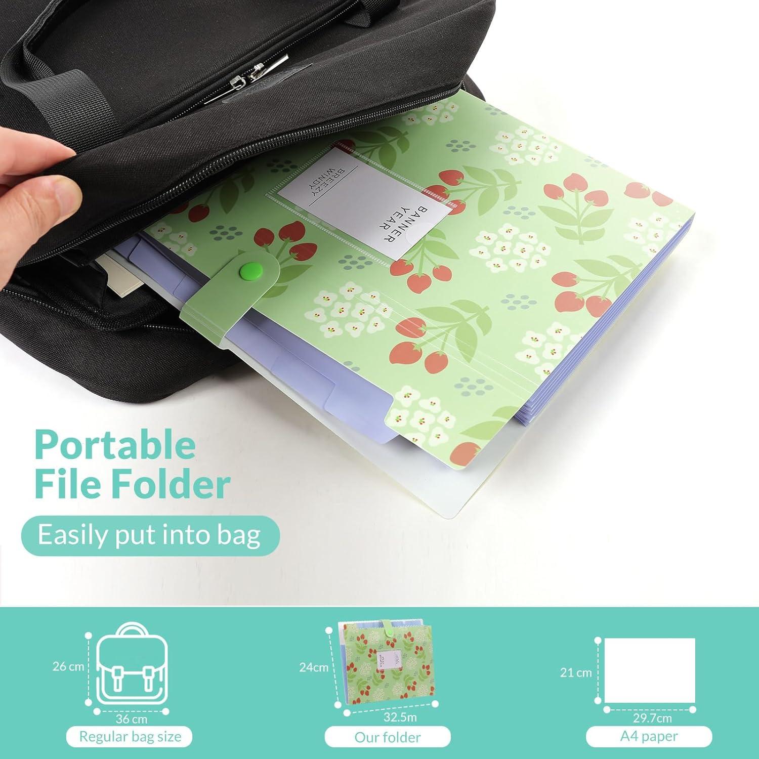 KONVINIT Fächermappe A4 8 Tasche PP Floral Bedruckt Dokumentenmappe grün