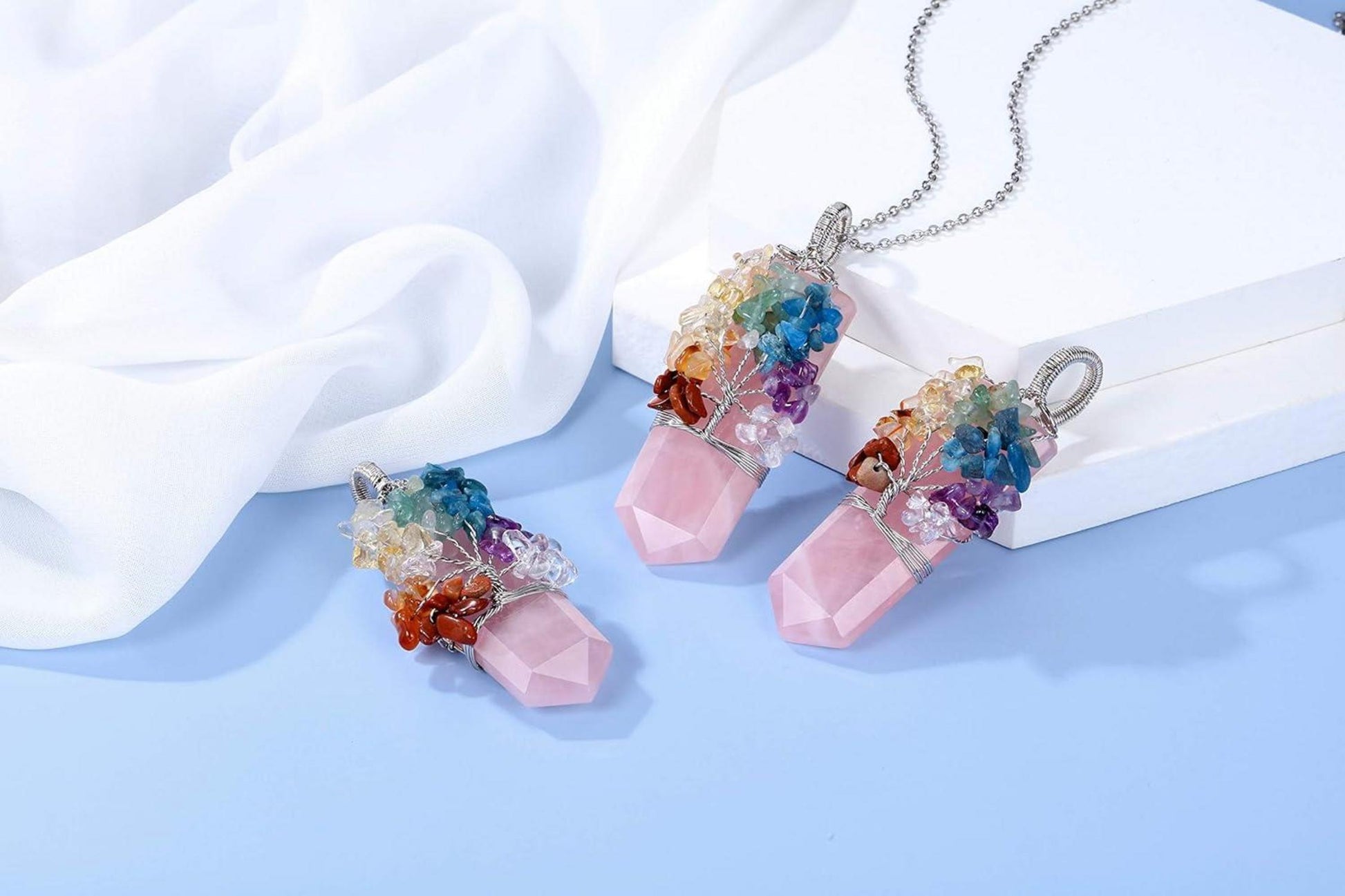 7 Chakra Rosenquarz Lebensbaum Anhänger Halskette