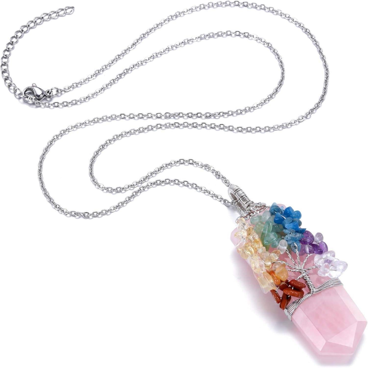 Chakra Heilstein Wire Wrap Edelstein Anhänger Rosenquarz Energiebaum