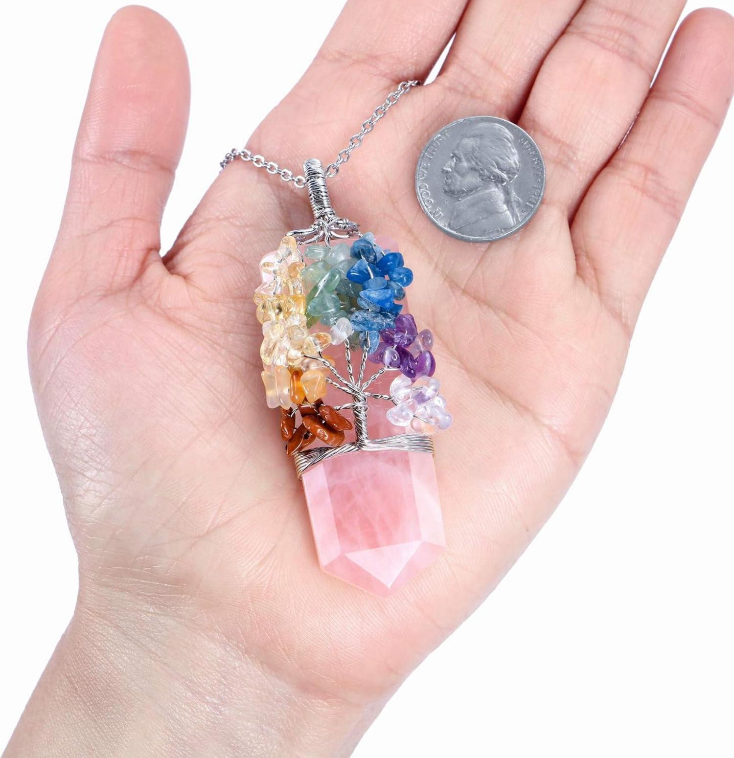 Chakra Heilstein Kette Rosenquarz Wire Wrap Anhänger Lebensbaum Halskette