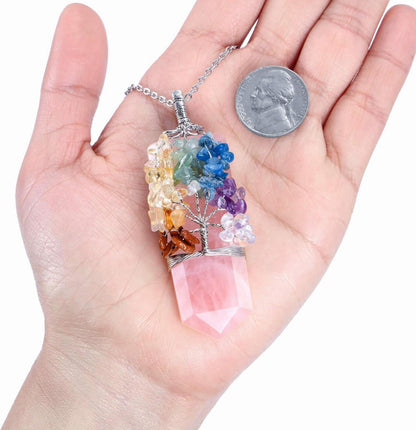 Chakra Heilstein Kette Rosenquarz Wire Wrap Anhänger Lebensbaum Halskette