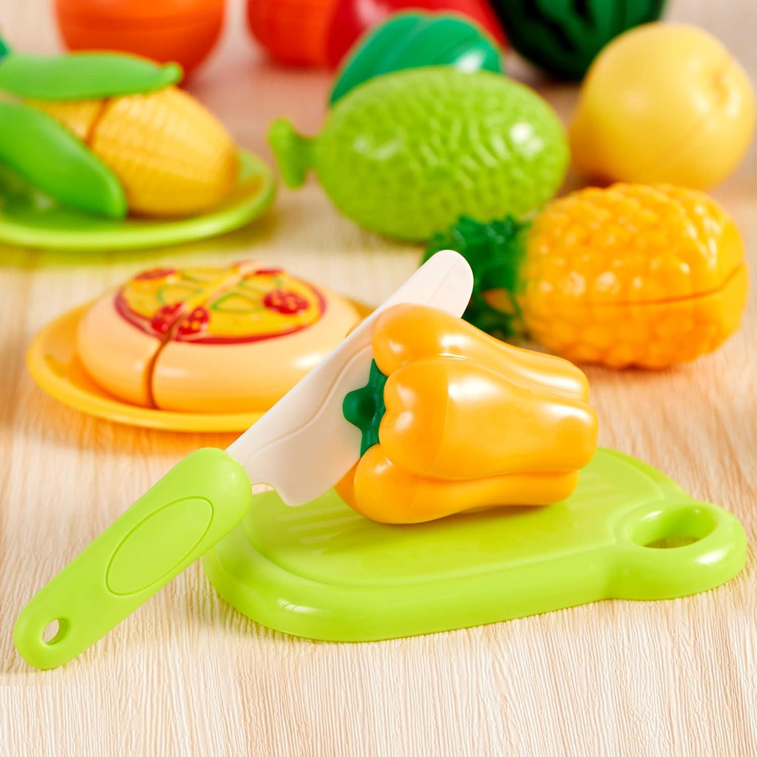 JOYIN 68-teiliges Schneide-Spielzeug-Set für Küchen-Spiele, Kunststoff Obst & Gemüse, Aufbewahrungskorb, Mini-Gerichte, Messer