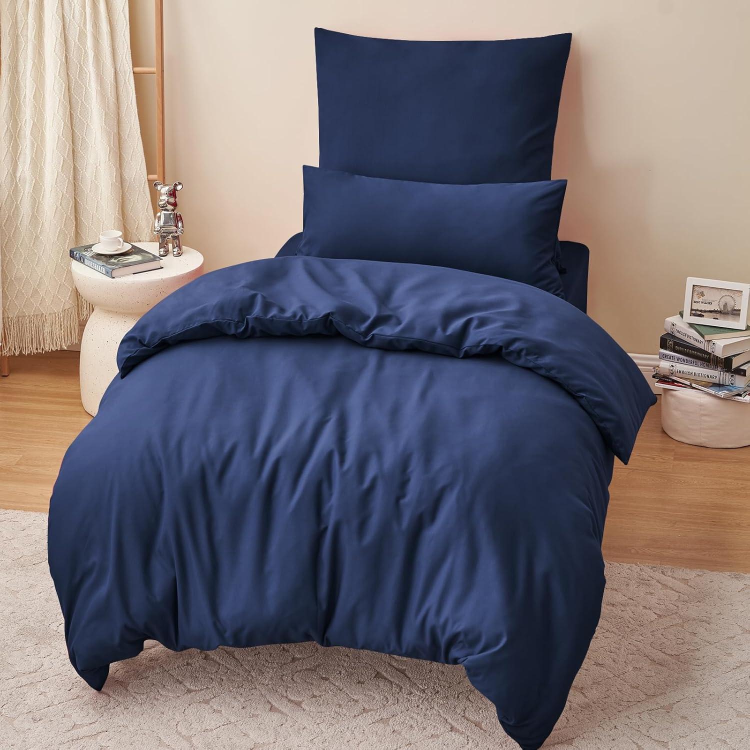 Bettwäsche 155x220 Blau Mikrofaser Reißverschluss Weich und Bügelfrei