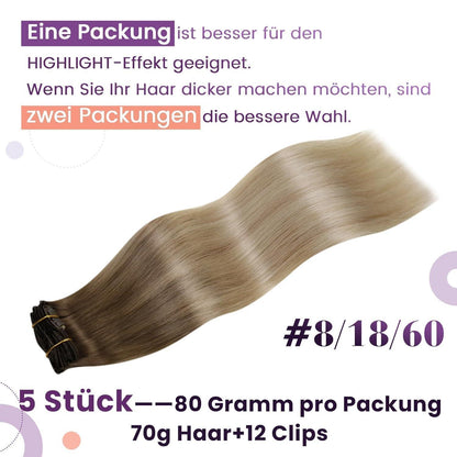 Clip-in Haarverlängerung Echthaar Balayage Blondbraun Ombre