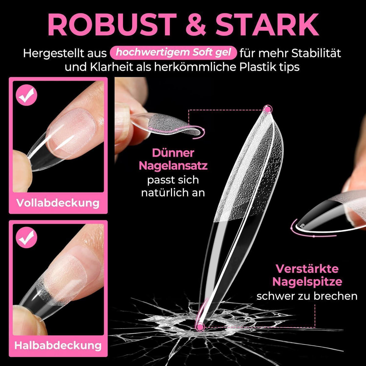 Mandel Nagelspitzen 216 Stück – 12 Größen für Gelnägel & Acryl