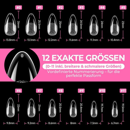 Mandel Nagelspitzen 216 Stück – 12 Größen für Gelnägel & Acryl