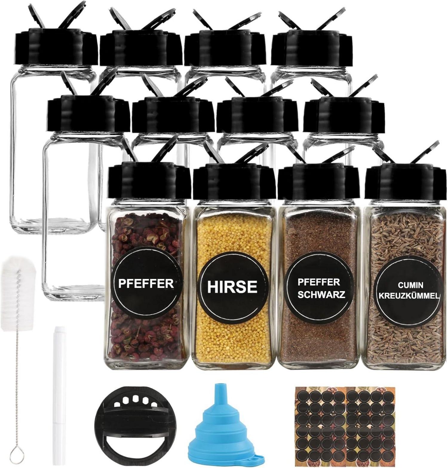 12er Set Glas Gewürzdosen mit Deckel, Etiketten, Trichter, Bürste