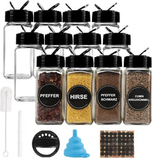 12er Set Glas Gewürzdosen mit Deckel, Etiketten, Trichter, Bürste