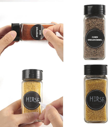24er Gewürzgläser Set 120ml Glas Gewürzdosen eckig Schwarz Deckel Trichter Etiketten Kreidestift