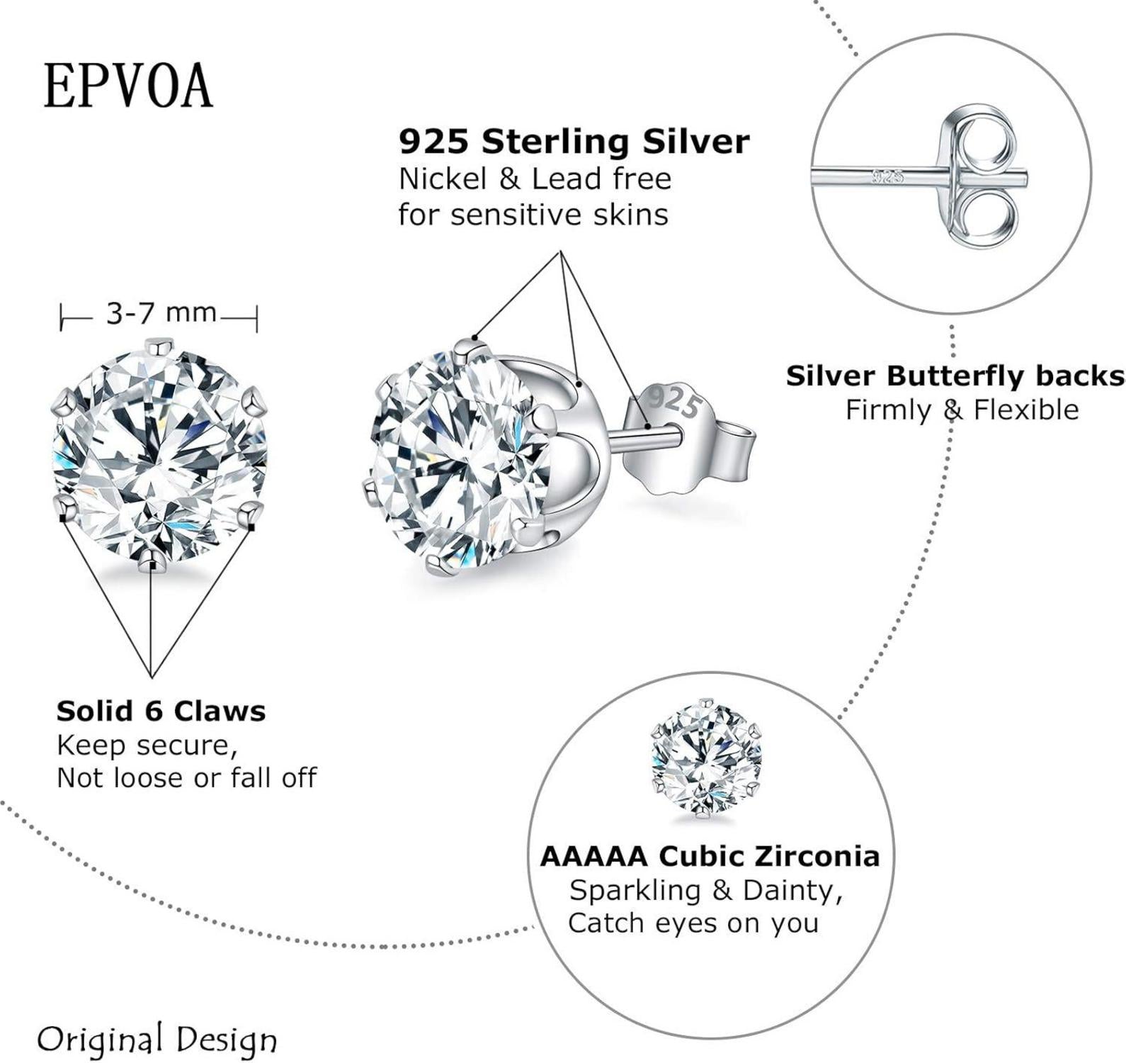 925 Sterling Silber Zirkonia Ohrstecker Set 3/5/7mm - Damen Herren