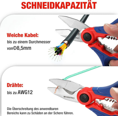 WORKPRO Elektrikerschere mit Abisolierzange und Gürtelclip, 163 mm, HRC52-60