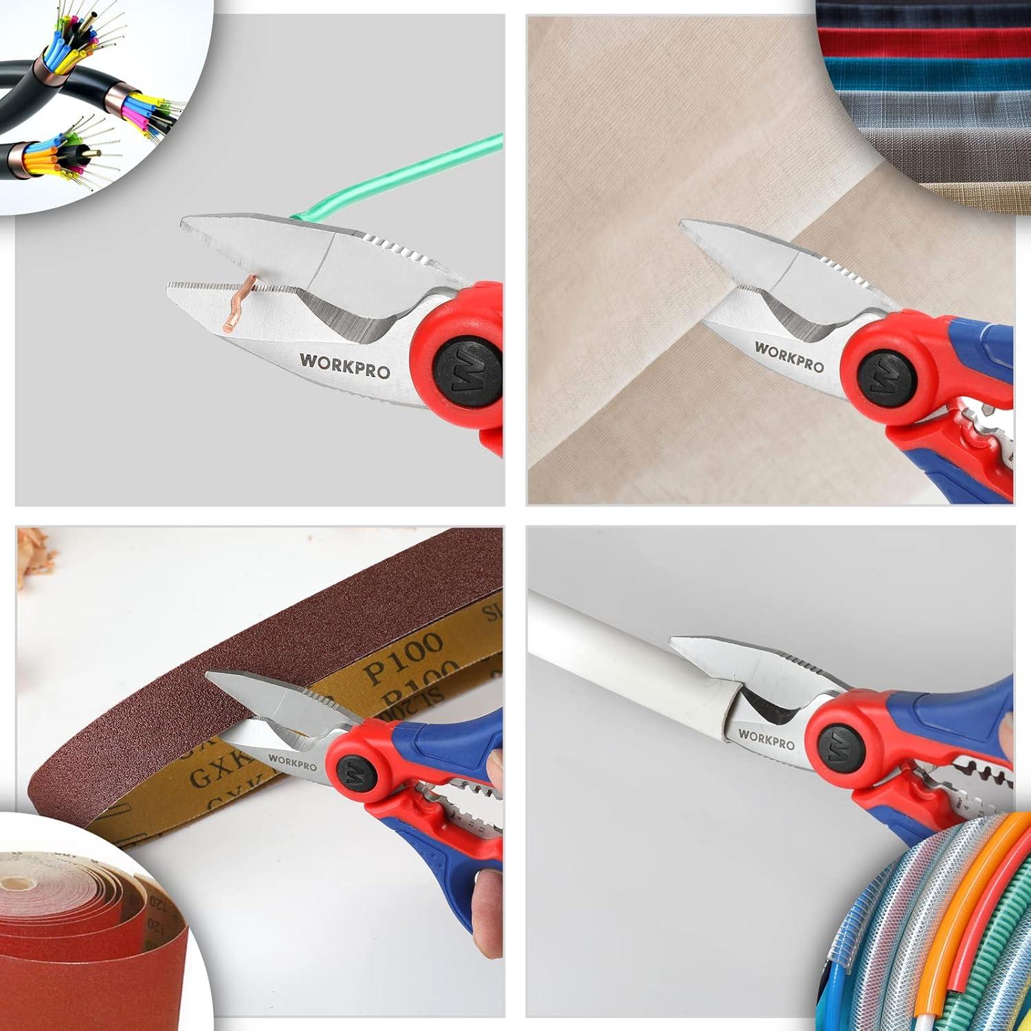 WORKPRO Elektrikerschere mit Abisolierzange und Gürtelclip, 163 mm, HRC52-60