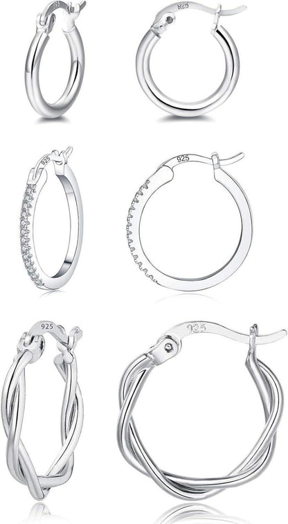 Silber Gold Creolen Damen Ohrringe Zirkonia 13/15/20mm Set