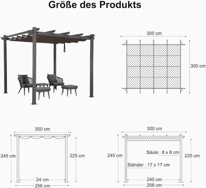 Pergola 3x3m Wasserdicht Stabil Aluminium mit Schiebedach UV-Schutz