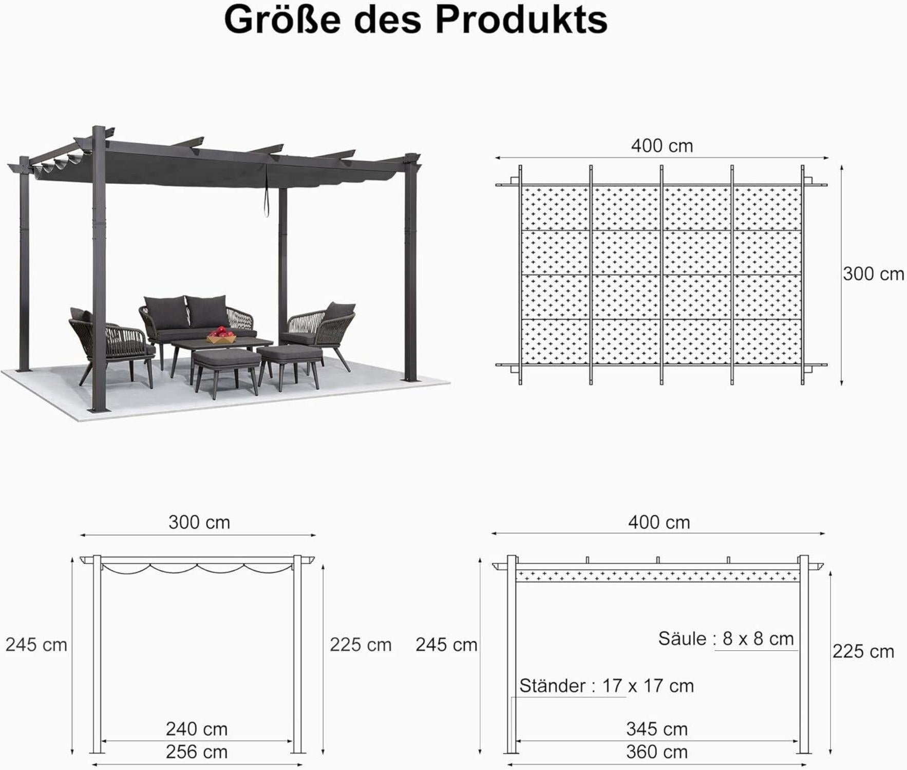 Pergola Aluminium Winterfest Wasserdicht Grau 3x4m UV-Schutz