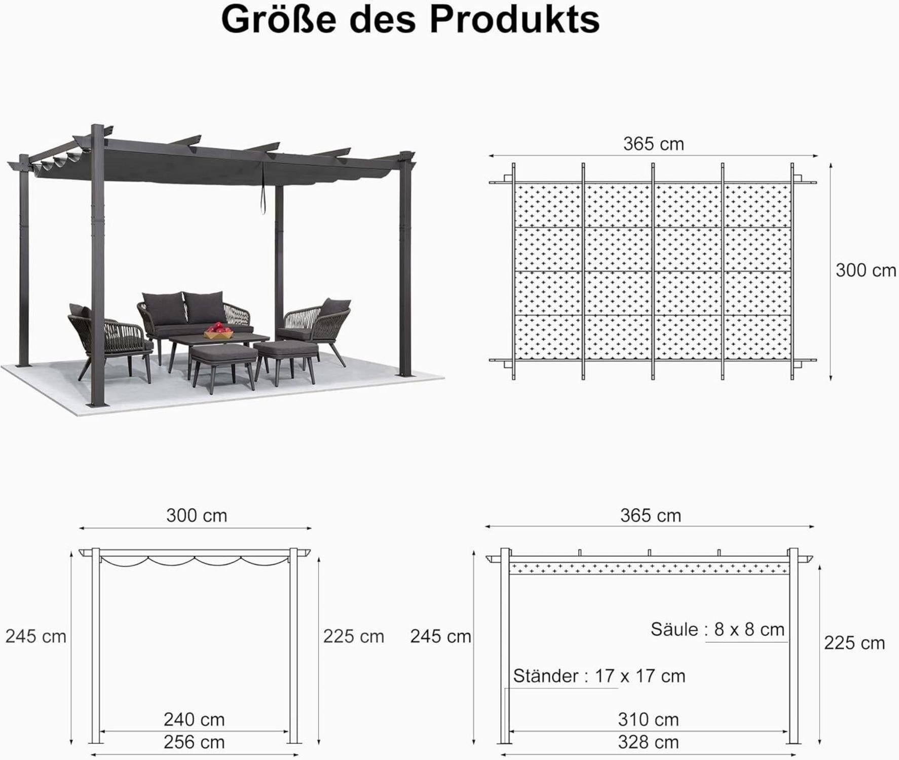 Aluminium Pergola 3x3.65m Wasserdicht Winterfest Sonnenschutz Grau UV-Schutz