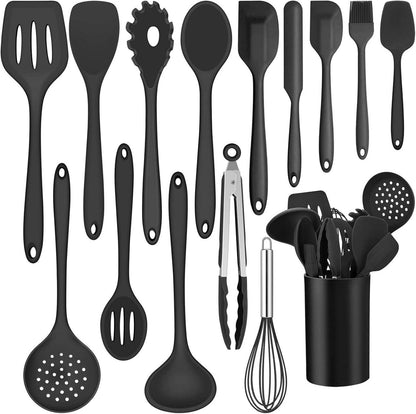 15-teiliges Silikon Kochutensilien Set mit Halter - Schwarz