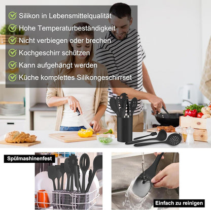 Silikon Küchenhelfer Set 15-teilig - Hitzebeständig Spülmaschinenfest Schwarz