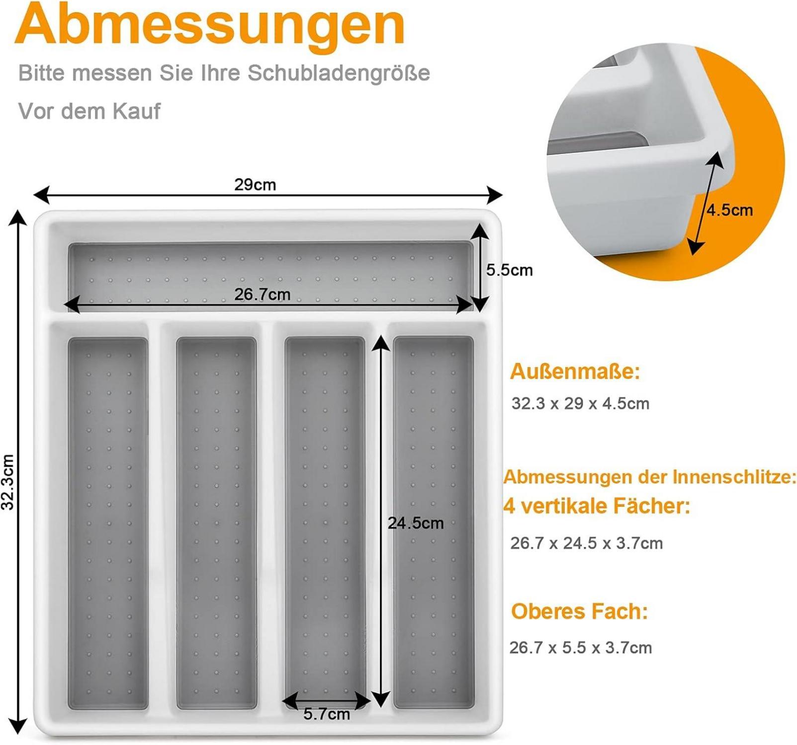 Besteckeinsatz für Schublade 2er Set, 5 Fächer, Weiß Grau