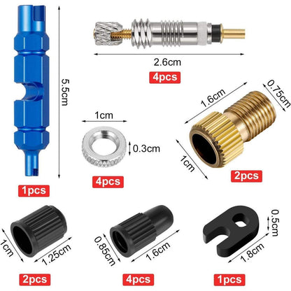 18-teiliges Ventilkernset für Presta-Ventile, Ventiladapter
