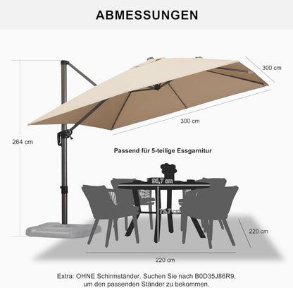 Großer PURPLE LEAF Sonnenschirm 300x300cm Beige, Stabil & 360° drehbar