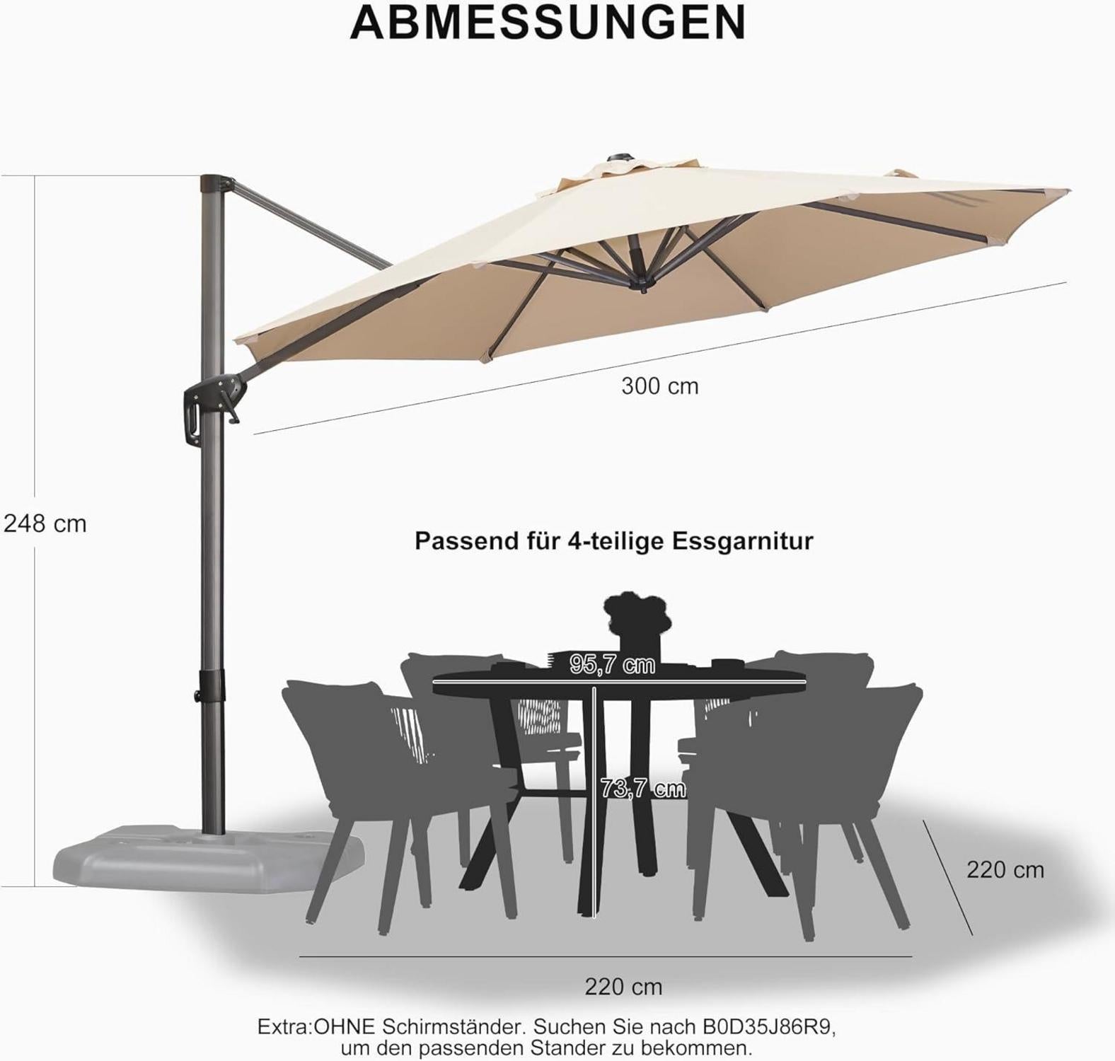 Großer Sonnenschirm 300 cm Rund, drehbar, Fußpedal, Kreuzsockel Beige