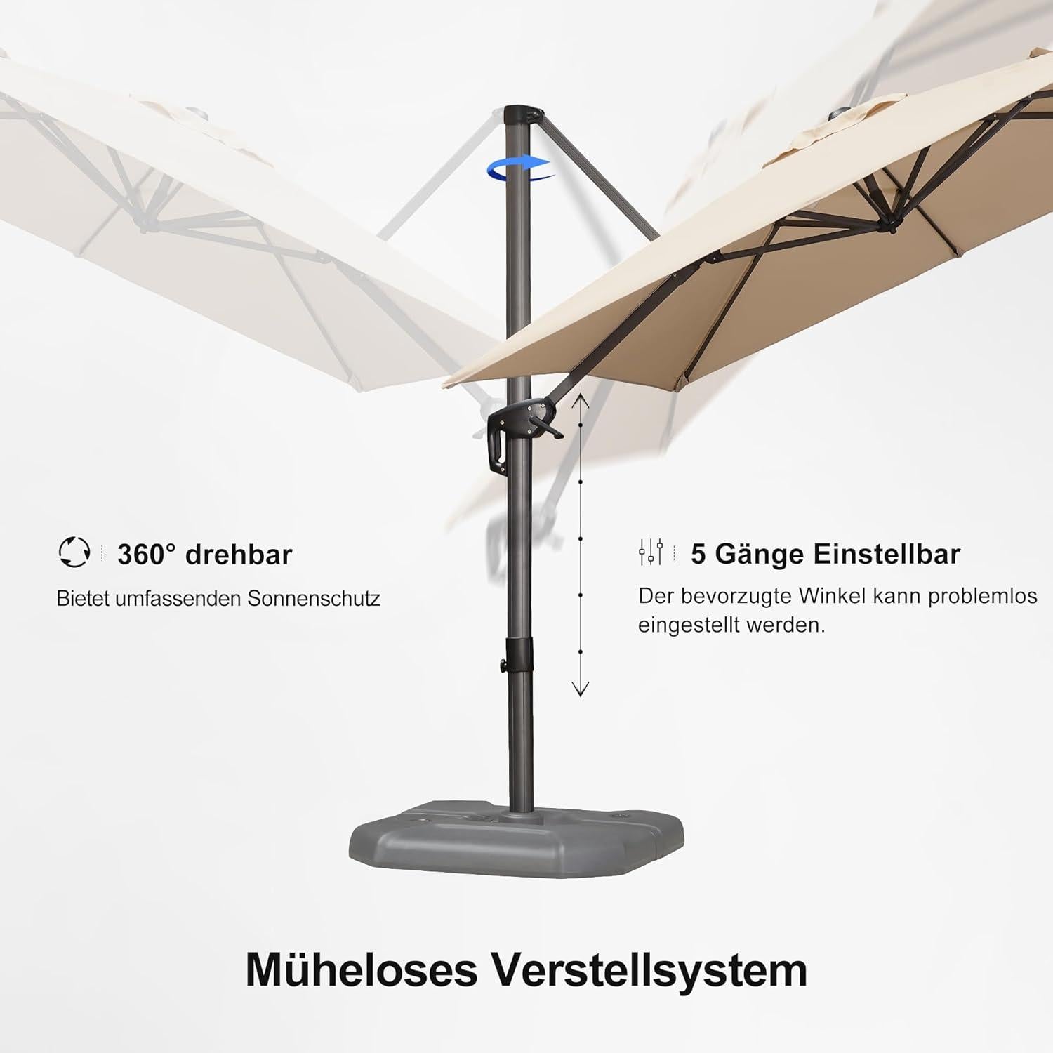 Beiger Ampelschirm 250x250cm mit Kurbel und Fußpedal