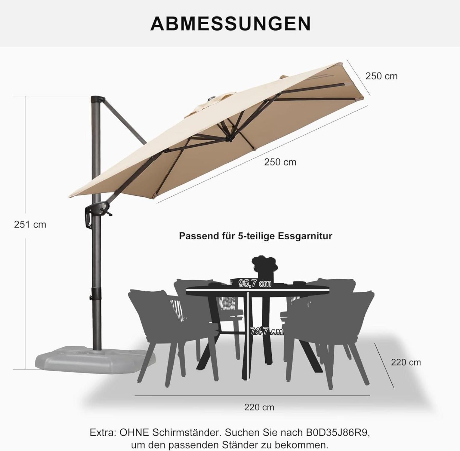 Sonnenschirm 250x250 cm Beige Ampelschirm Kurbel 360 Grad drehbar
