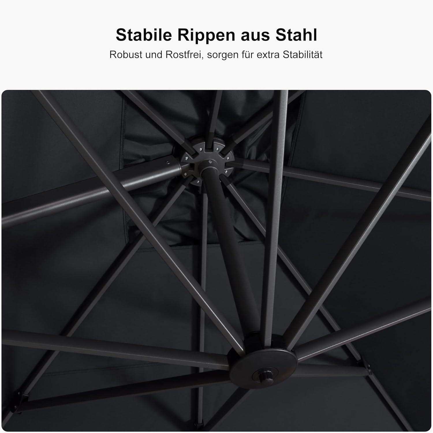 PURPLE LEAF 330 cm Ampelschirm rund mit Fußpedal, Kreuzsockel - Grau