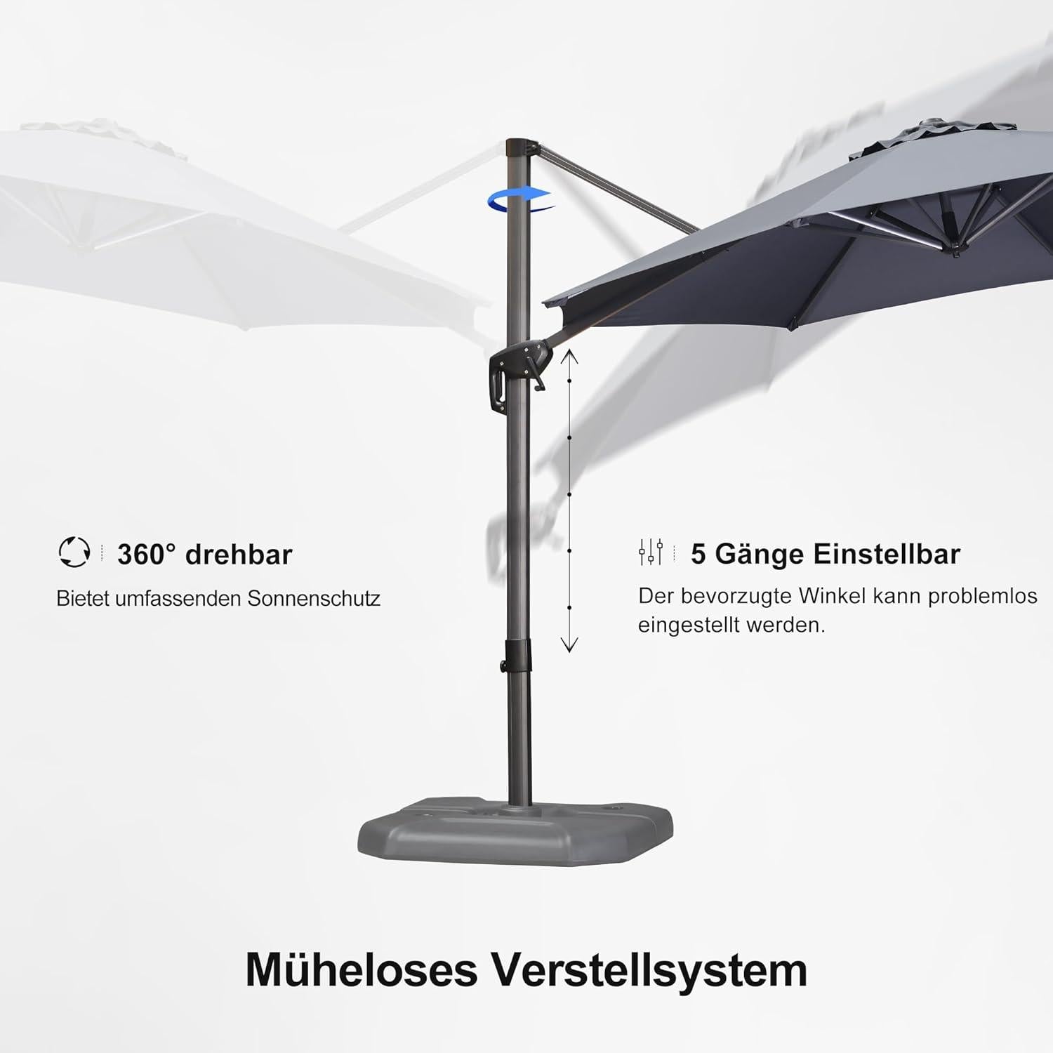 Sonnenschirm 330 cm groß Ampelschirm Rund drehbar Fußpedal Grau