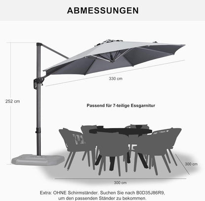 Großer Sonnenschirm 330 cm Rund Ampelschirm mit Fußpedal und Kreuzsockel in Grau