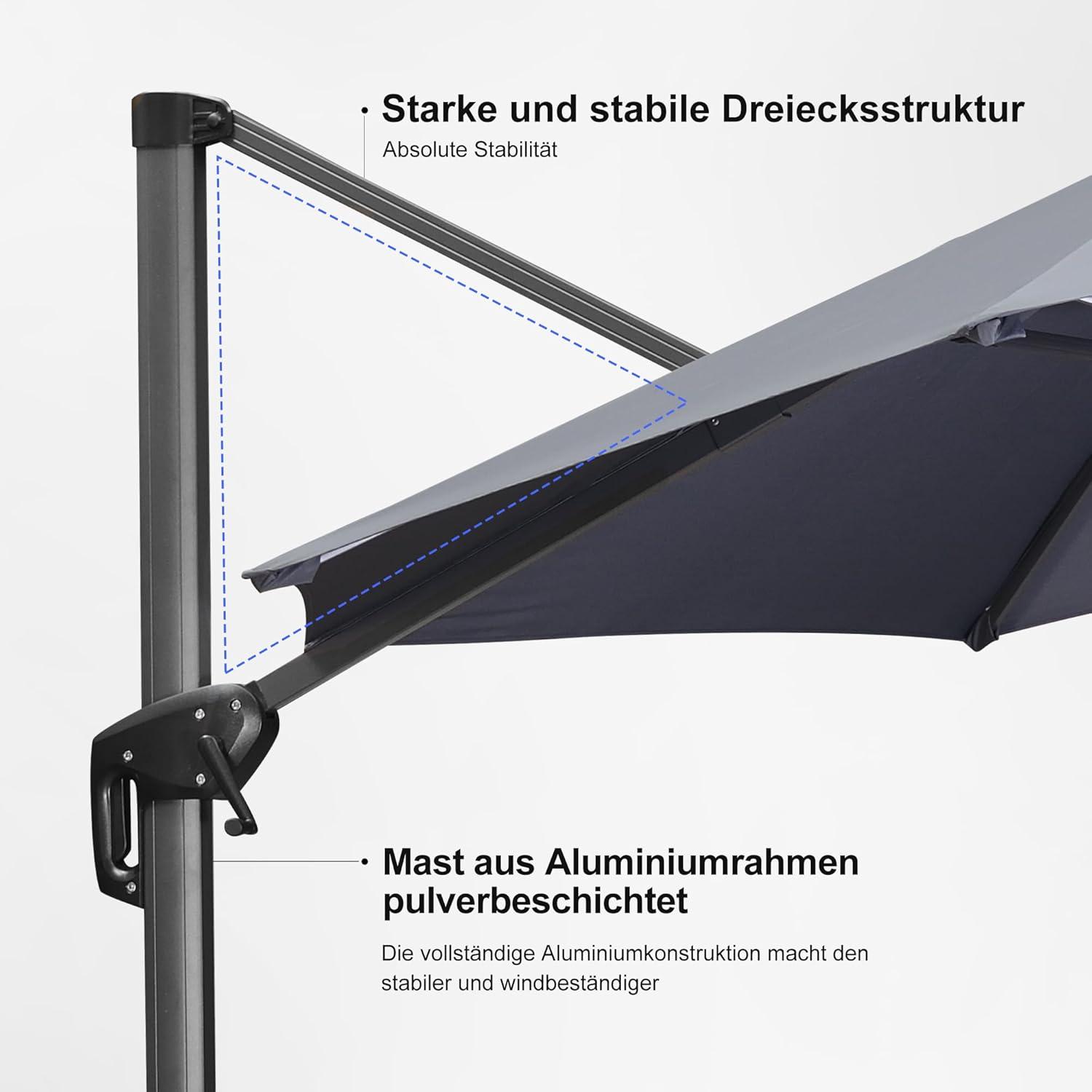 PURPLE LEAF 330 cm Ampelschirm rund mit Fußpedal, Kreuzsockel - Grau