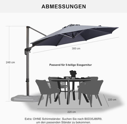300 cm Sonnenschirm Ampelschirm Rund 360° drehbar mit Fußpedal Grau