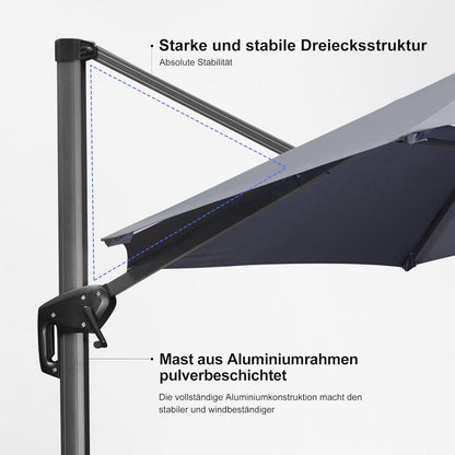 Sonnenschirm PURPLE LEAF 300 cm groß Ampelschirm Rund drehbar Fußpedal Kreuzsockel Grau