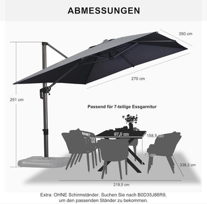 Ampelschirm Rechteckig 270 x 350 cm Groß Grau UV-beständig