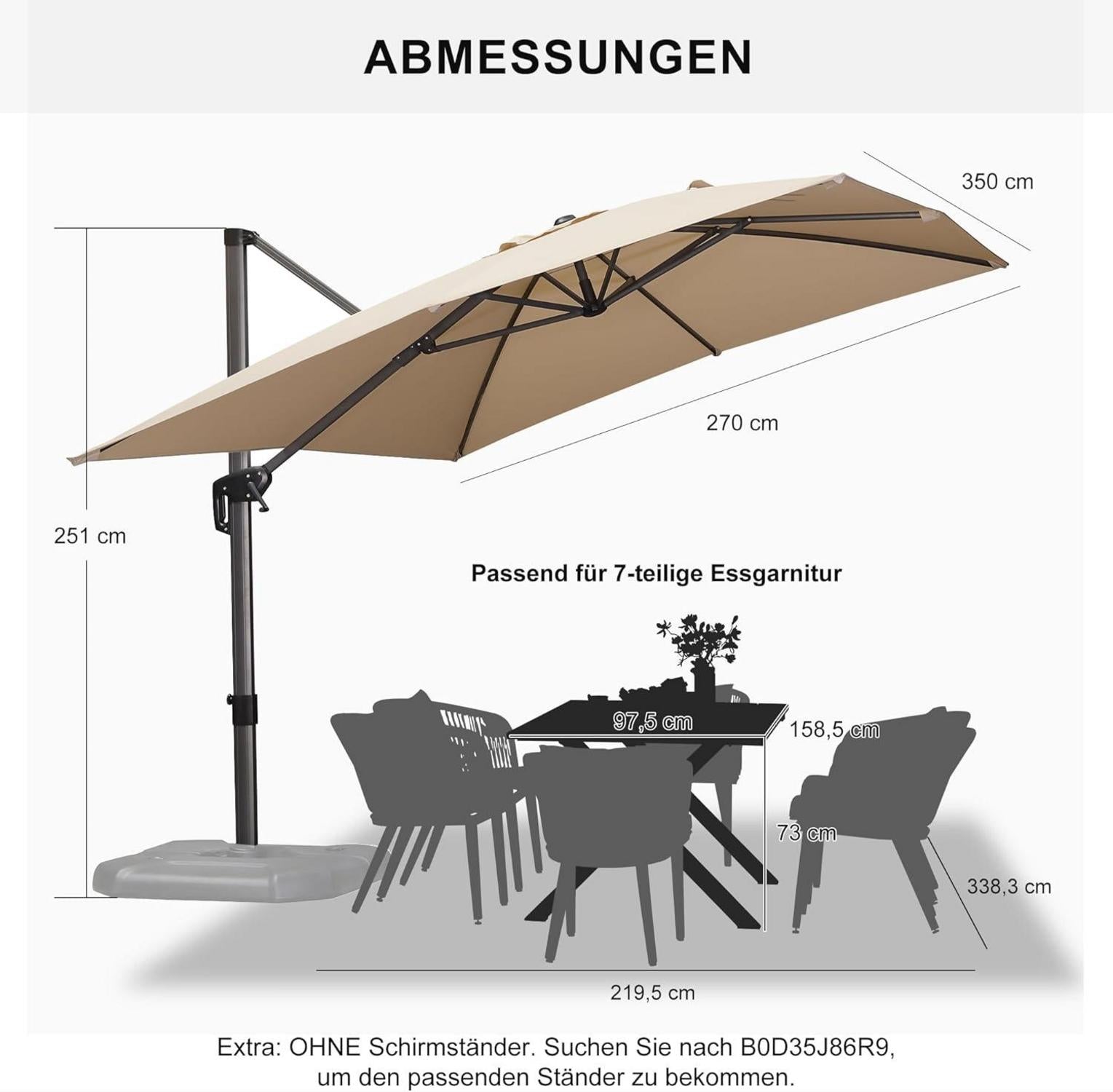 PURPLE LEAF Rechteckiger Sonnenschirm 270x350cm Beige Schutz vor Sonne & Regen