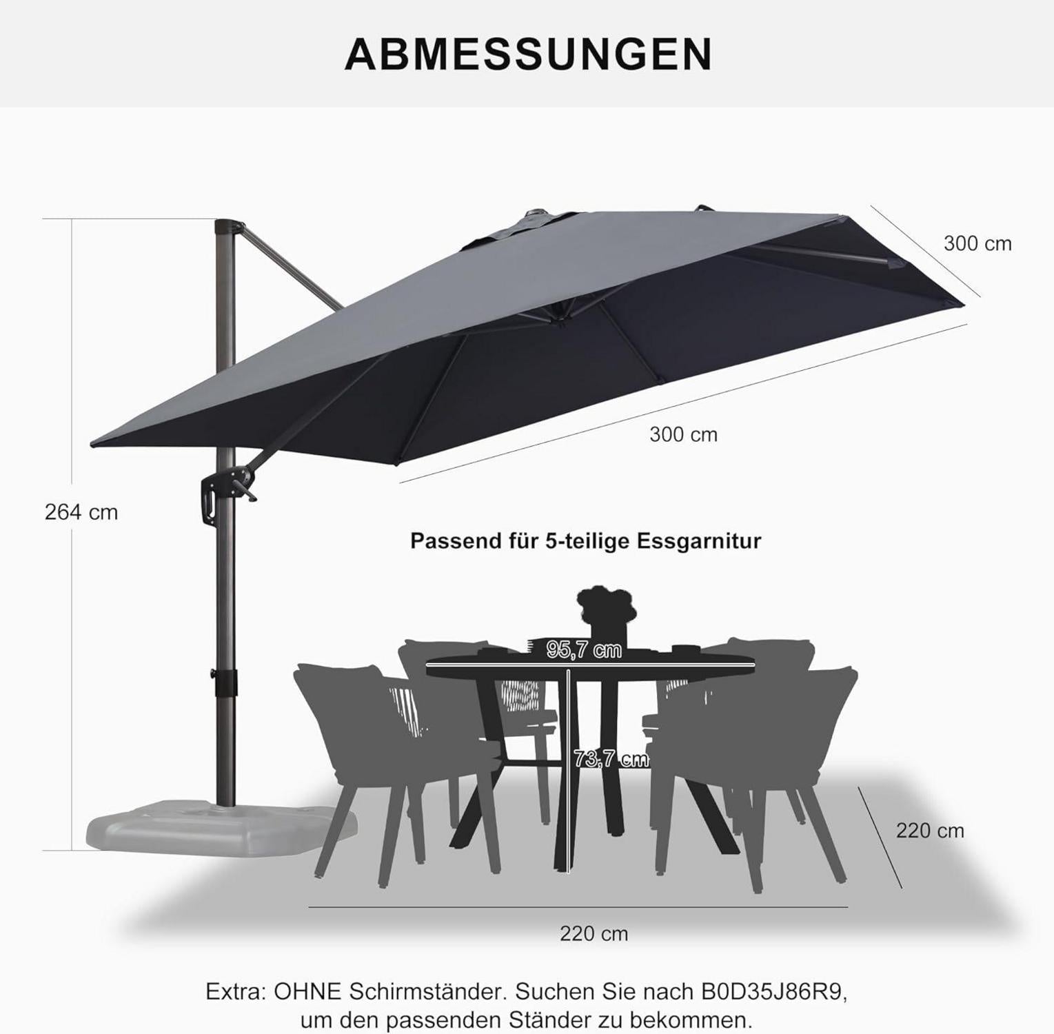 Sonnenschirm 300x300cm Ampelschirm mit Kurbel und Fußpedal Grau