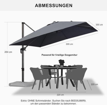 Sonnenschirm 300x300cm Ampelschirm mit Kurbel und Fußpedal Grau
