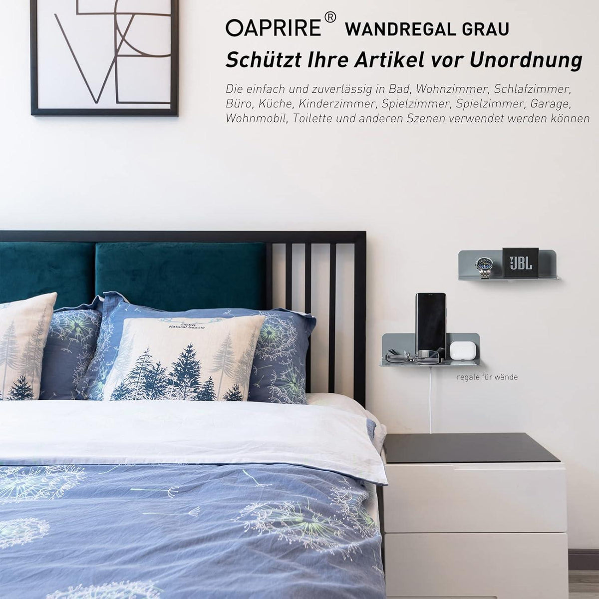 Acryl Wandregal Grau 2er Set mit Kabelclips, Bohrenfrei