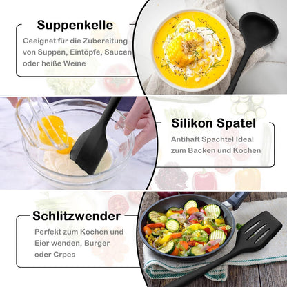 8-teilig Silikon Küchenhelfer Set Schwarz - Antihaft