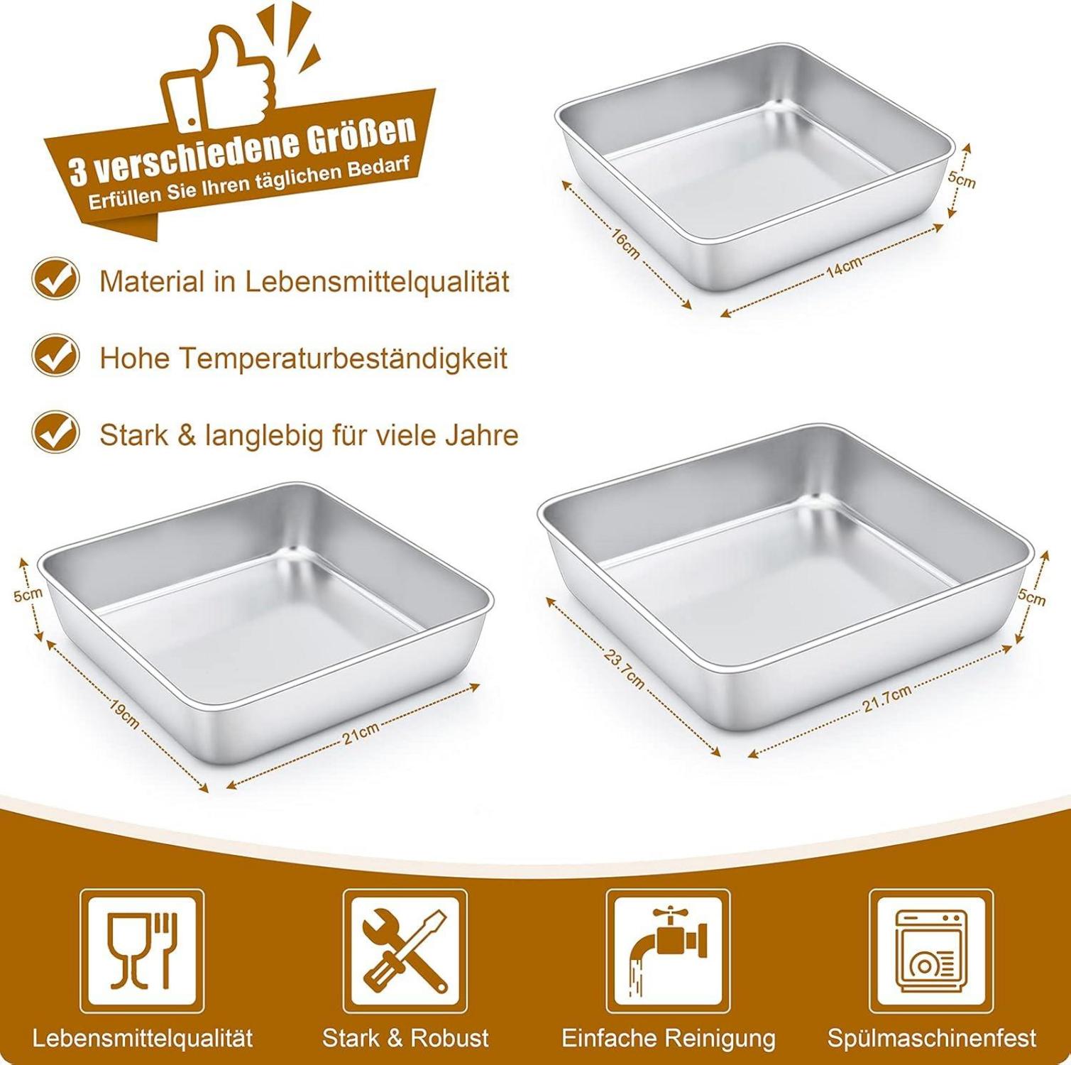 Joyfair Quadratische Kuchenform Edelstahl 3er-Set Brownie