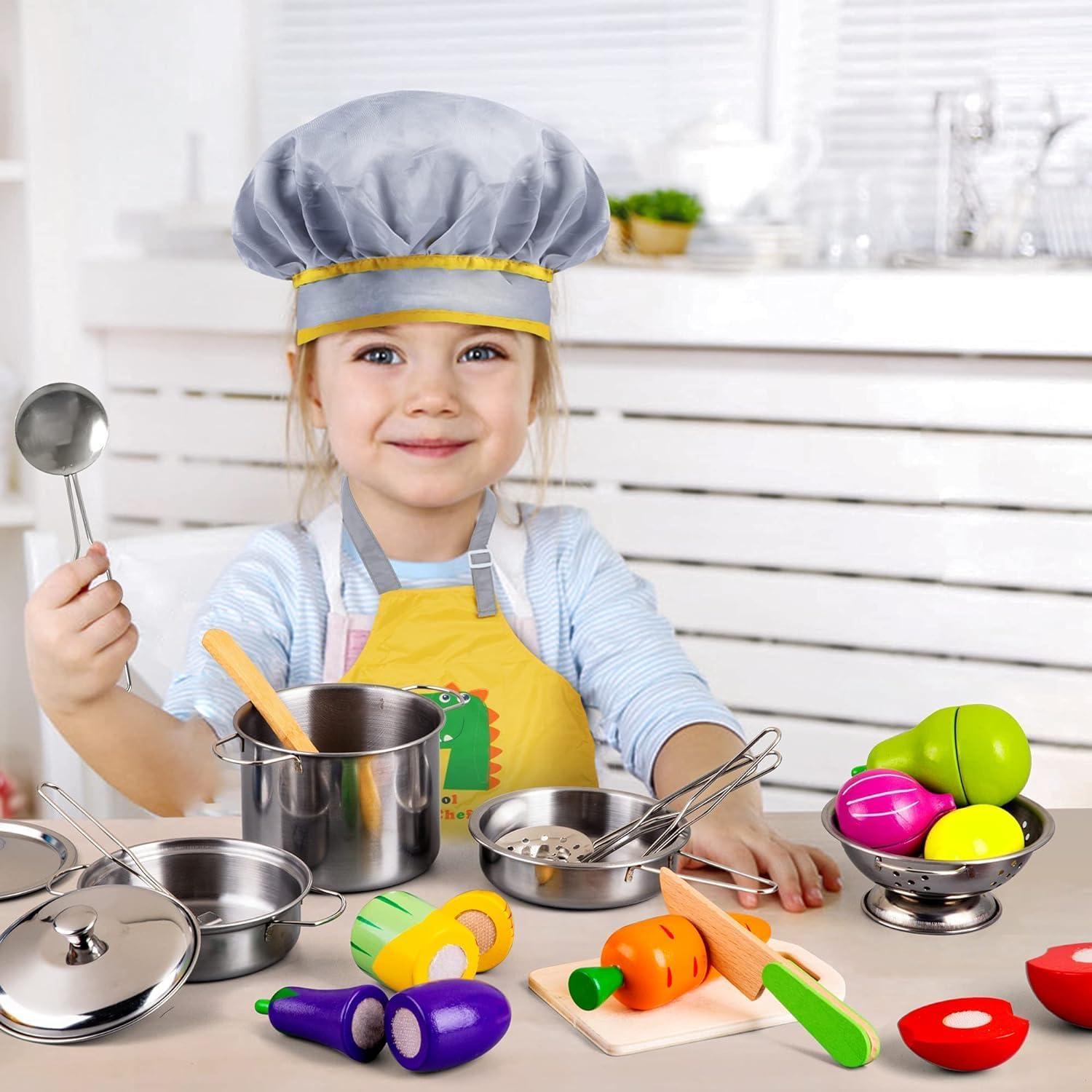 EFO SHM Kinderküche Zubehör Holz Matschküche Spielküche Kochset Edelstahl Töpfe Puppenküche Hölzernes Spielzeug Kleinkinder Jungen Mädchen