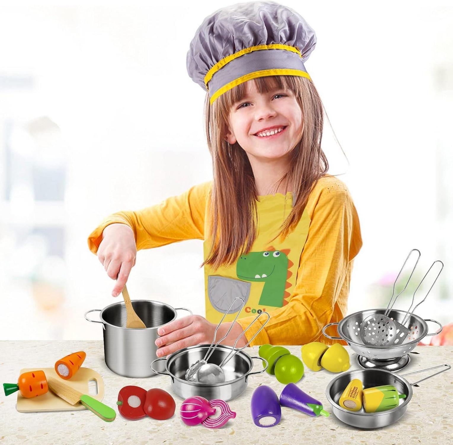 EFO SHM Kinderküche Zubehör Set Holz Edelstahl Kochset 23-teilig